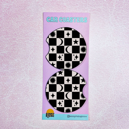 2 Car Coasters, Black Moon and Stars Checker Pattern