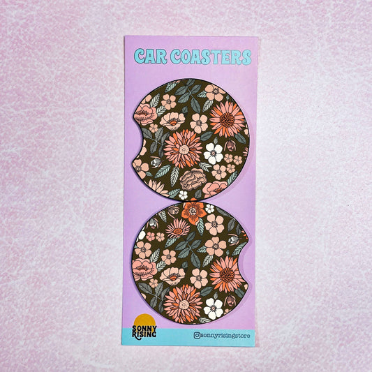 2 Car Coasters, Dark Fall Floral Pattern