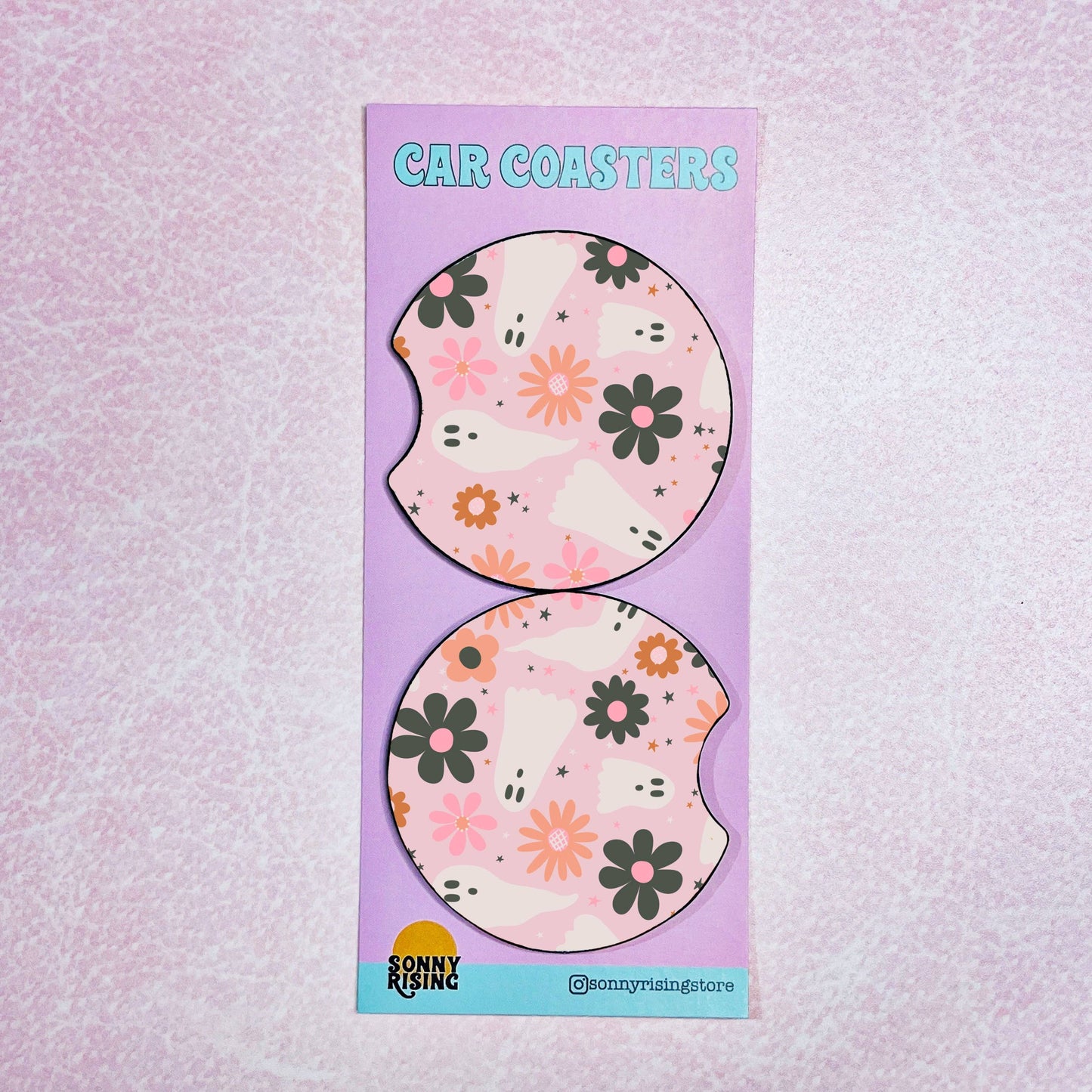 2 Car Coasters, Pink Ghost Pattern