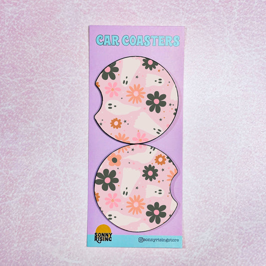 2 Car Coasters, Pink Ghost Pattern