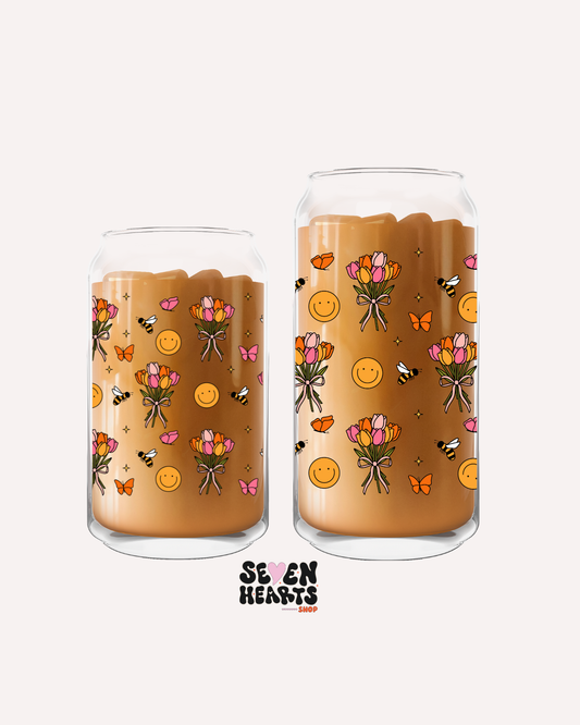  Happy face and flowers Glass Cup 